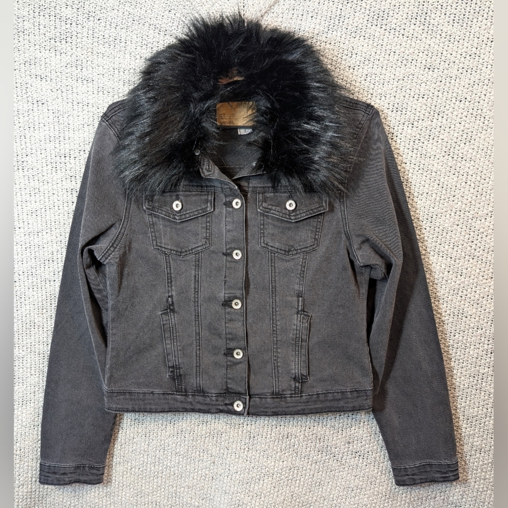 Vevel Women's Large Black Jean Jacket With Removable Black Faux Fur Collar